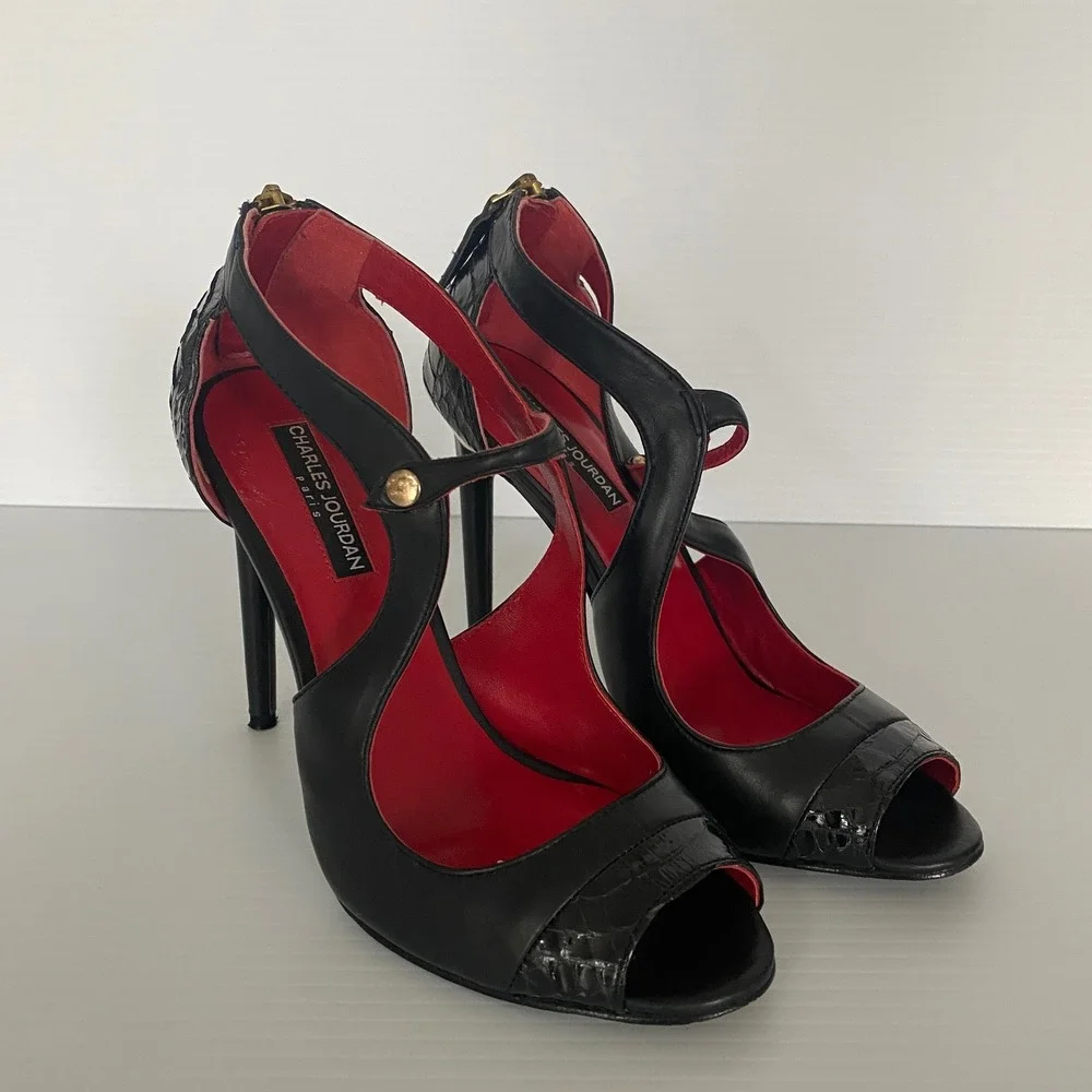 Charles‎ Jourdan Paris Beth Black Snakeskin Stiletto Peep Toe Heels Sandals 7.5